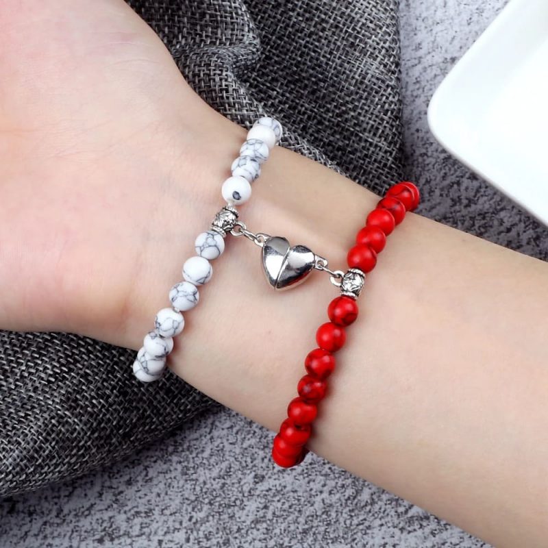 Bracelets couple distance perles rouge et argent