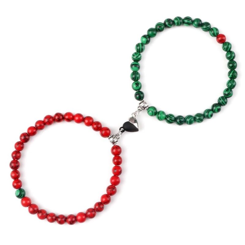 Bracelets duo couple perles vert et rouge