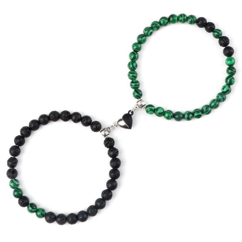 Bracelets couple connectés perles vert et noir